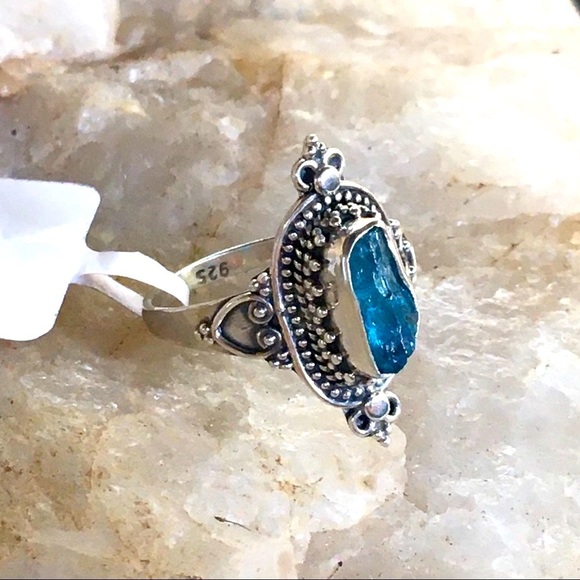 NEON BLUE APATITE Bali filigree sterling ring 7 - Picture 8 of 10
